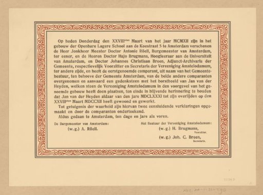 Announcement of the transfer of a memorial monument for Jan van der Heyden to the Amsterdam municipal council