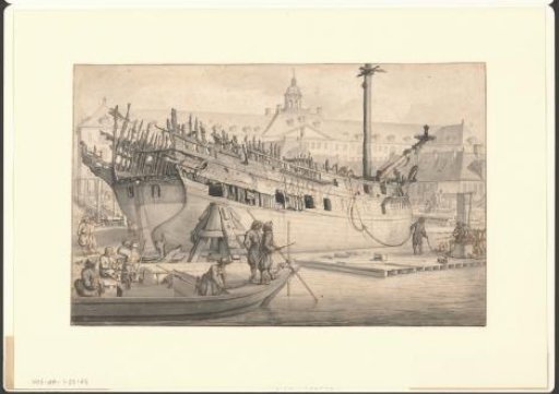 View of a burning ship in front of the shipyard of the Dutch East India Company