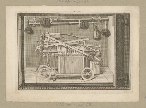 Hose reel fire engine and pump stored in a fire engine house