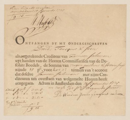 Act of received credit in the name of the widow of Samson Salomon Foucquet and son