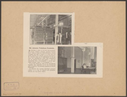 Four men with telecommunications equipment and telephone operators in Telefooncentrale Zuid in Amsterdam