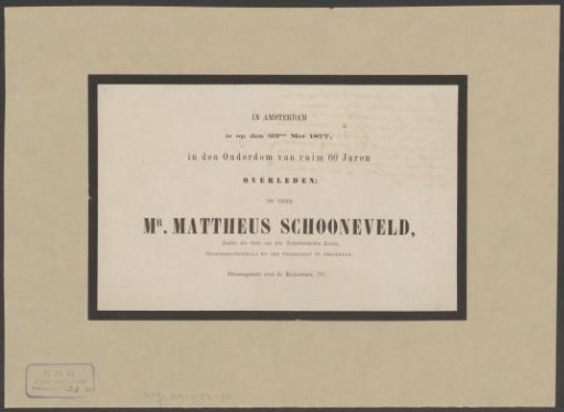 Death notice of Mattheus Schooneveld