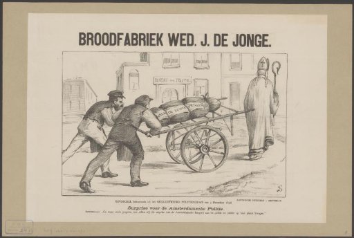 Two men push a handcart behind Sinterklaas
