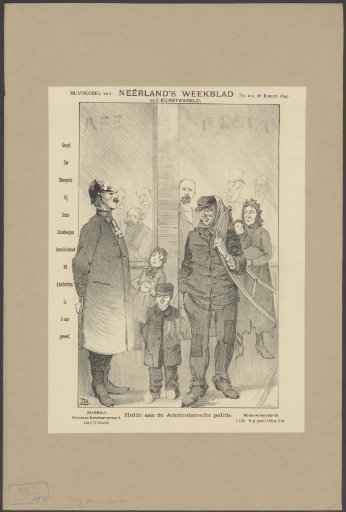 Police officer and beggars in front of a café-restaurant