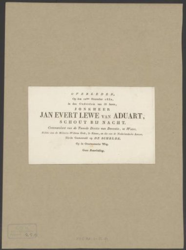 Obituary of Jan Evert Lewe van Aduard, 12 December 1832