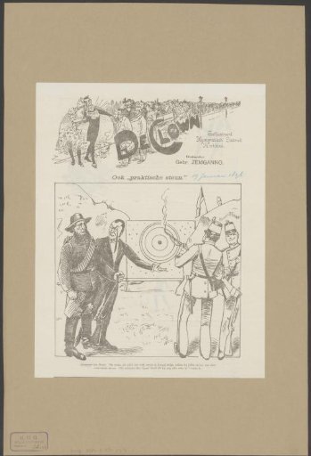 Man with monocle shows a Boer two militiamen shooting at a rose