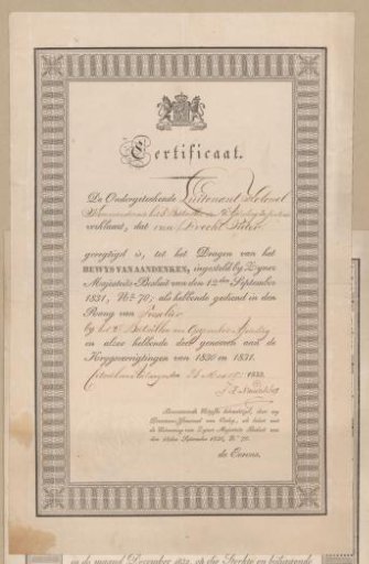 Certificate of Pieter van Drecht for his participation in the fighting during the Belgian Revolution