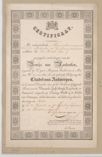 Certificate of Pieter van Drecht for his participation in the Siege of Antwerp