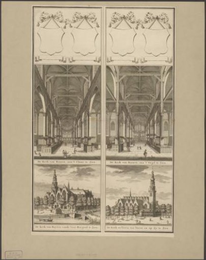 Two views of the interior and exterior of the Oude Kerk in Amsterdam