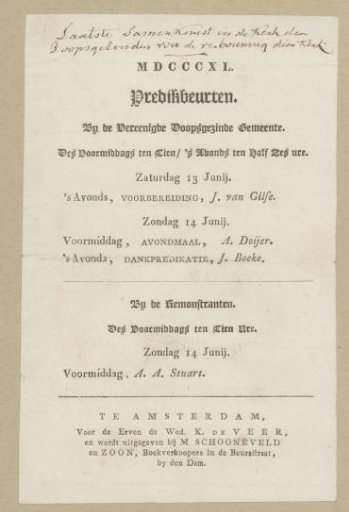 List of Sermon Rotations for the Mennonites and Remonstrants in Amsterdam on June 13 and 14, 1840