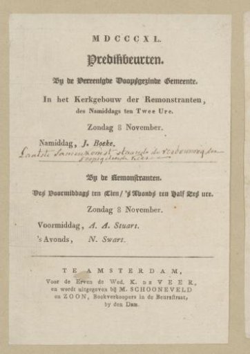List of Sermon Rotations for the Mennonites and Remonstrants in Amsterdam on November 8, 1840