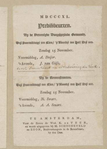 List of Sermon Rotations for the Mennonites and Remonstrants in Amsterdam on November 15, 1840