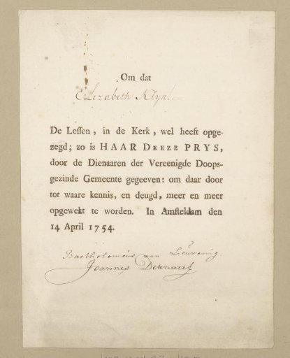 Prize of Elizabeth Klyn for Correctly Reciting Her Lessons
