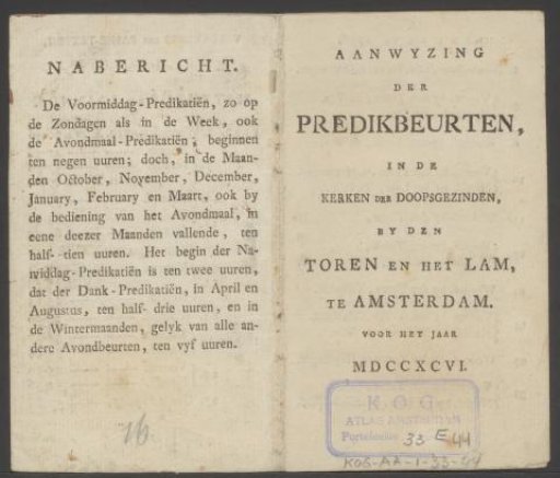 List of sermons in churches of the Mennonite Congregation in Amsterdam in 1796