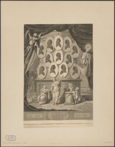 Pillar with twelve silhouette portraits of ministers of the Dutch Reformed Church in Amsterdam and allegorical figures