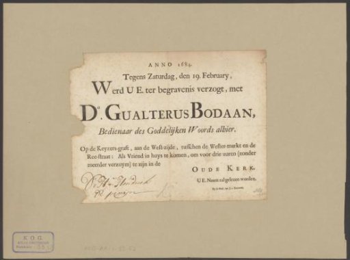 Funeral notice for Gualterus Bodaan on behalf of Hendrick de Penijn