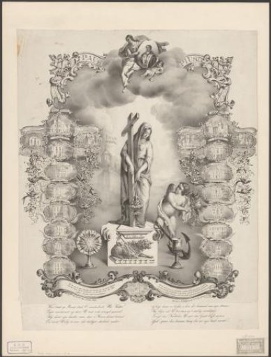 Personification of Faith surrounded by Roman Catholic churches in Amsterdam