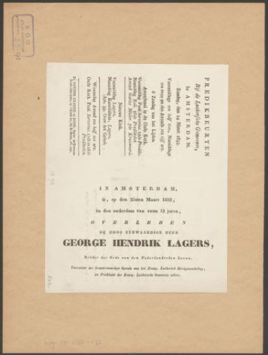 Announcement of sermons for the death of George Hendrik Lagers