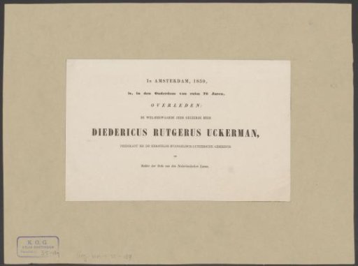 Obituary of the Reformed Lutheran preacher Diedericus Rutgerus Uckerman