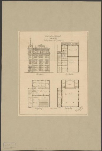 Facade and floor plans of the building of Vereniging Ons Huis in Amsterdam
