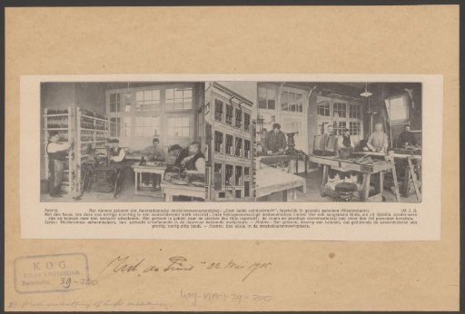 Deaf people at work as shoemakers and furniture makers, and view of the building of the deaf association Door Liefde Saâmgebracht