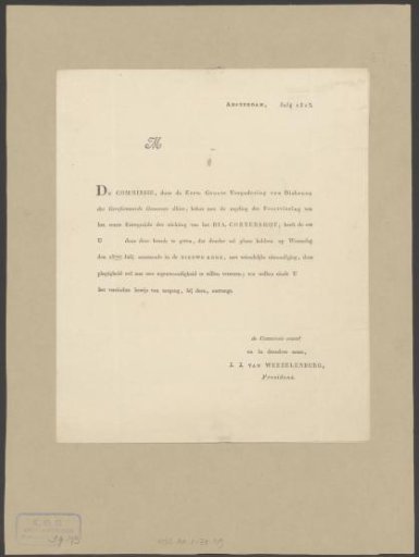Invitation to the first centenary celebration of the Corvershof in Amsterdam