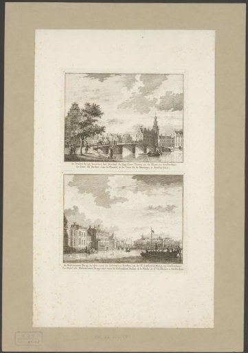 View of the Halvemaansbrug towards the Kloveniersdoelen and the Waag and view of the Doelenbrug, the Munttoren and the Munt