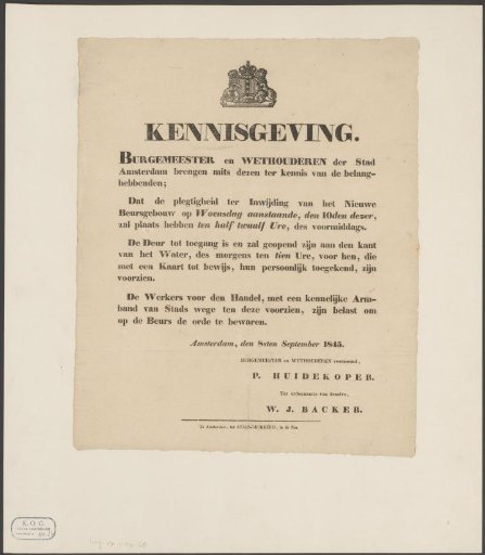 Notice of the Opening of the Beurs van Zocher in Amsterdam on 10 September 1845