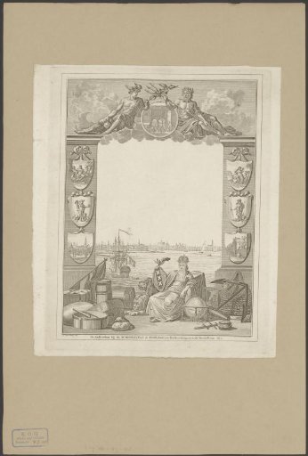 Frame with the Amsterdam city maiden and a view of Amsterdam