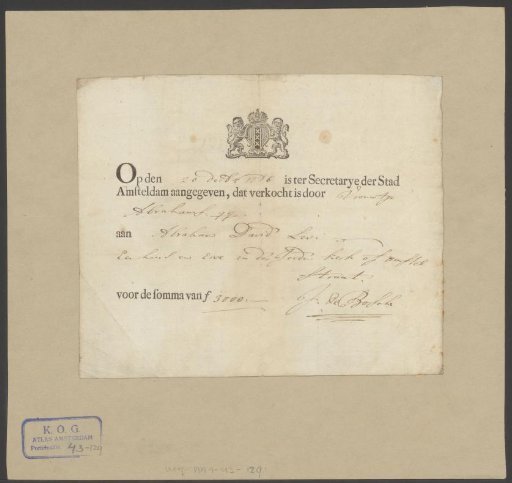 Sales Certificate of a House in the Nieuwe Amstelstraat in Amsterdam