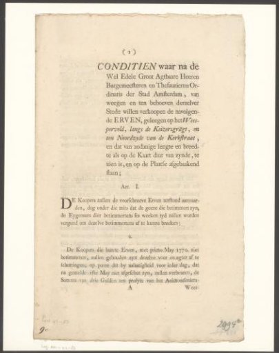 Conditions for the public sale of plots on the Weesperveld in Amsterdam on 9 October 1769
