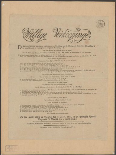 Announcement of the public sale of twenty plots in Amsterdam on 22 June 1812
