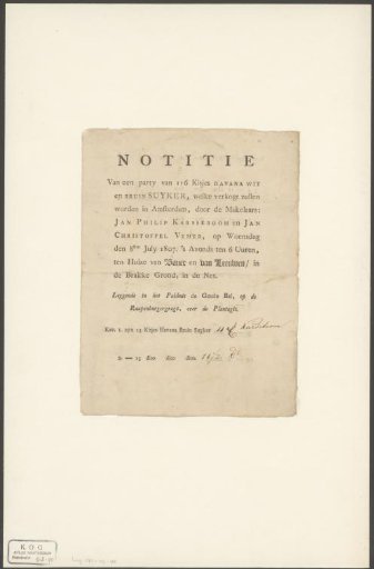 List for the public sale of ten lots of sugar in Amsterdam on 8 July 1807