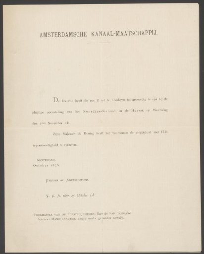 Invitation to the ceremonial opening of the North Sea Canal