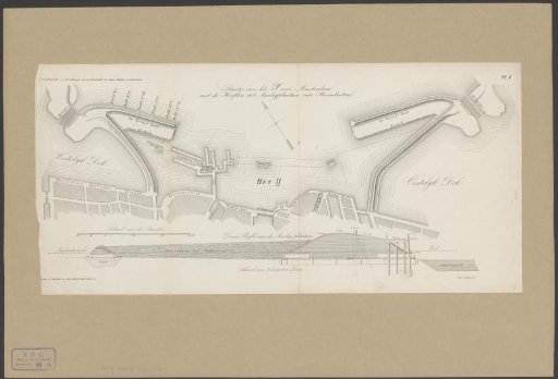 Map and side view of berths for steamboats in the IJ in Amsterdam
