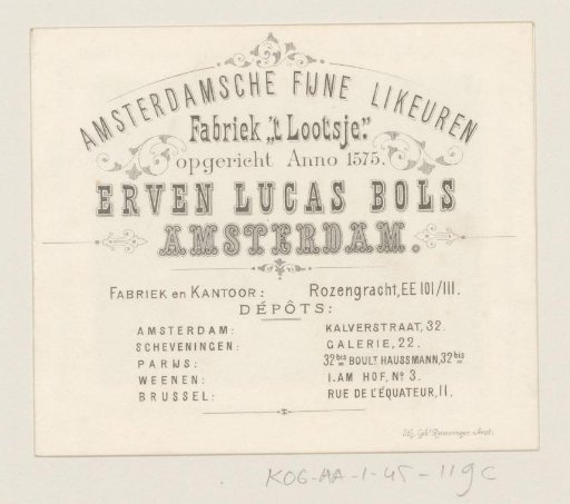 Advertisement for the Liqueur Distillery 't Lootsje (Erven Lucas Bols) in Amsterdam