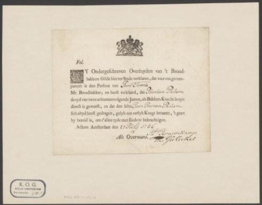 Guild certificate of the bakers' guild