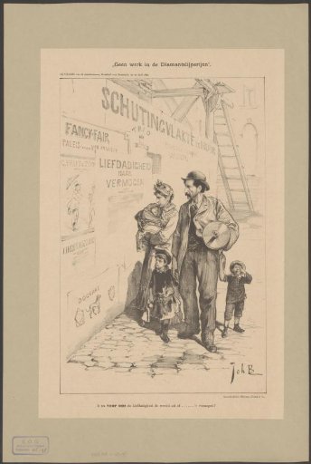 Family looking at a pamphlet with the text Charity According to Means, in Amsterdam