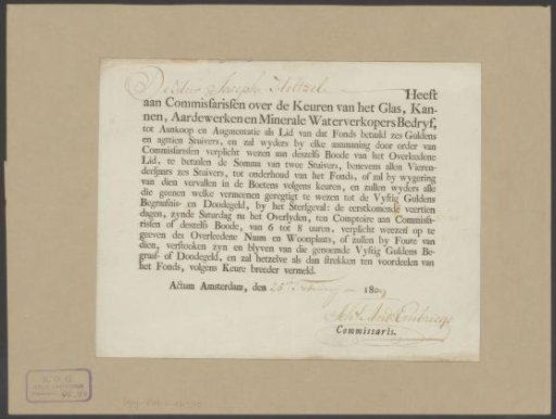 Explanation of the financial obligations of Joseph Hettzel towards the Amsterdam glassmaking company