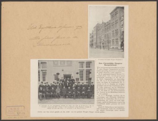 Group portrait of dignitaries at the opening of the First Christian Higher Burgher School in Amsterdam and a view of the school building