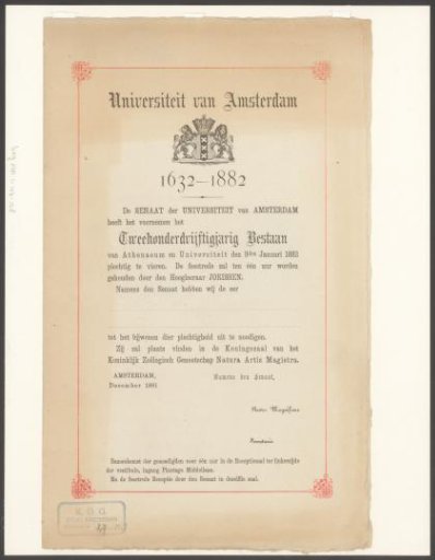 Invitation for the Celebration of the 250th Anniversary of Higher Education in Amsterdam