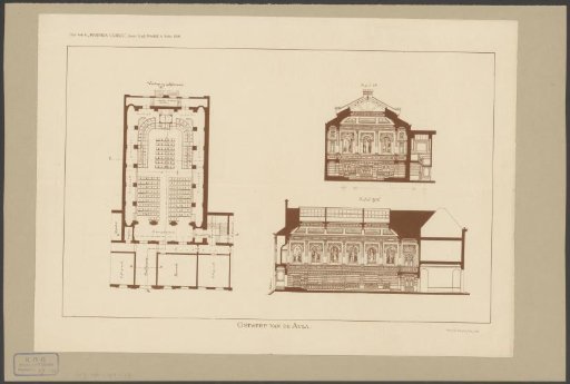 Plan and sections of the Aula of the University of Amsterdam in the Oudemanhuispoort