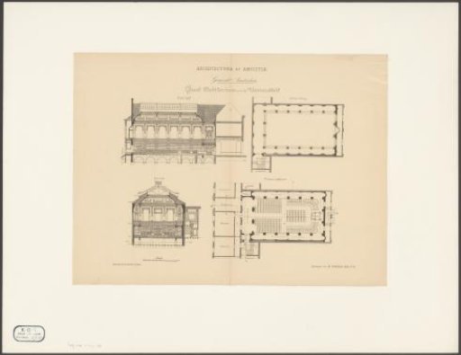 Plans and sections of the Aula of the University of Amsterdam in the Oudemanhuispoort