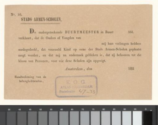 Certificate of admission as a pupil in a poor school in Amsterdam