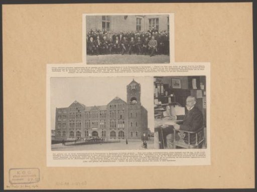 Group portrait of dignitaries at the opening of the Third Trade School in Amsterdam, a view of the school building and a portrait of E. Jelsma