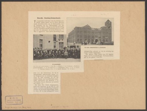 Group portrait of dignitaries at the opening of the Third Trade School in Amsterdam and a view of the school building