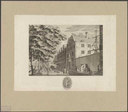 View of the Training School for Navigation in Amsterdam and medallion with the allegorical facade image Kaatje
