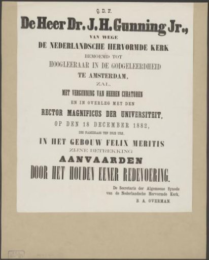 Announcement of the inauguration of Johannes Hermanus Gunning at the University of Amsterdam