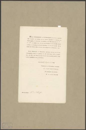 Appointment of J. 't Hooft as member of a cholera commission in Amsterdam and expression of gratitude for services rendered
