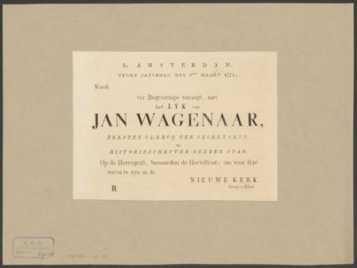 Funeral notice of Jan Wagenaar